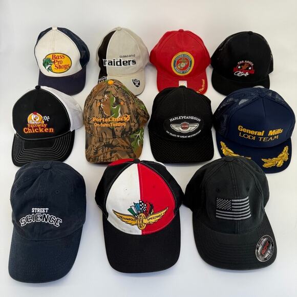 Trucker Dad Hat Lot 11x Raiders Bass Pro Racing Camo Patch Promo USA Vintage